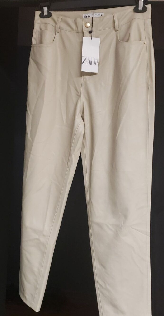 ZARA Women's Cream Faux Leather Ankle Club Concert Pants Size 8 NWT
